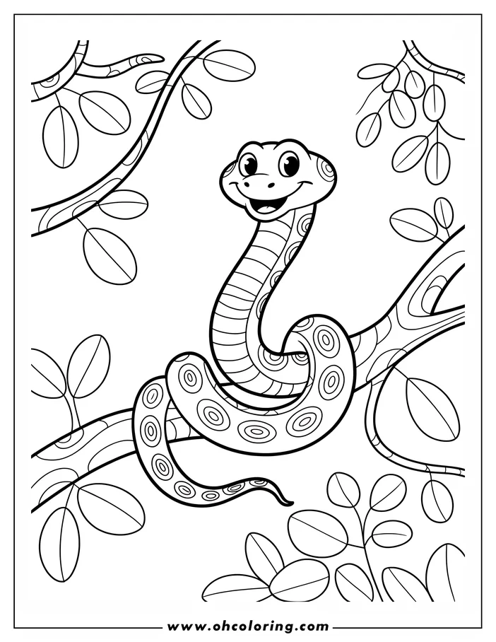 Line art of a friendly snake coiled around a branch with simple leaves surrounding it.
