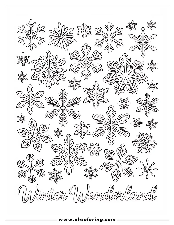 A coloring page design featuring various snowflake shapes, from simple to intricate, ready to be colored in for a winter wonderland theme.