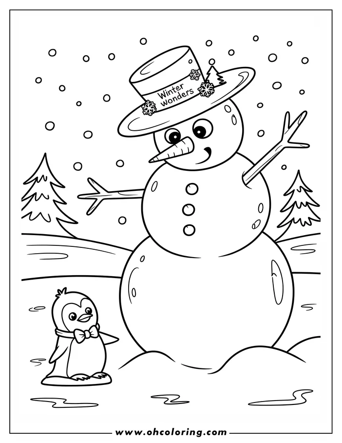 Line art of a snowman wearing a festive hat with snowflakes and a Christmas tree, standing next to a penguin wearing a bow tie in a snowy landscape with pine trees. This is a coloring sheet design.