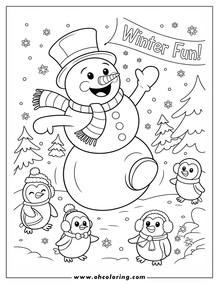 Line art of a snowman and penguins enjoying winter fun. The snowman wears a top hat and scarf, while the penguins have winter hats and scarves. It's a snowy scene with trees in the background, designed as a coloring sheet.