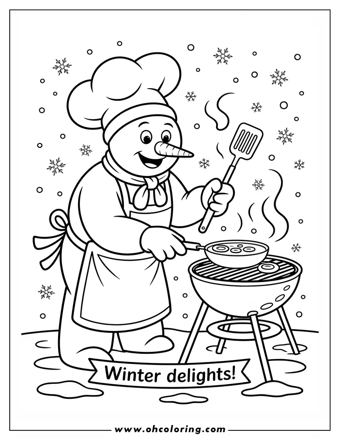 Line art of a snowman wearing a chef's hat and apron grilling on a small grill. Snowflakes fall around him in this winter-themed coloring page design.
