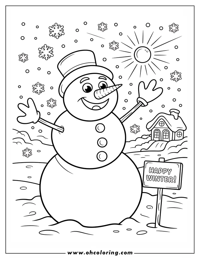 Line art of a smiling snowman in a winter scene. He wears a top hat and has stick arms outstretched. A sign in the foreground reads 'Happy Winter!' A small house is visible in the snowy background. This is a coloring sheet design.