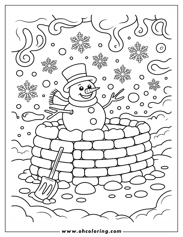 Line art of a snowman sitting inside a snow fort. The snowman wears a top hat and a scarf, snowflakes fall around him. A shovel stands near the fort. This drawing is a printable coloring sheet.