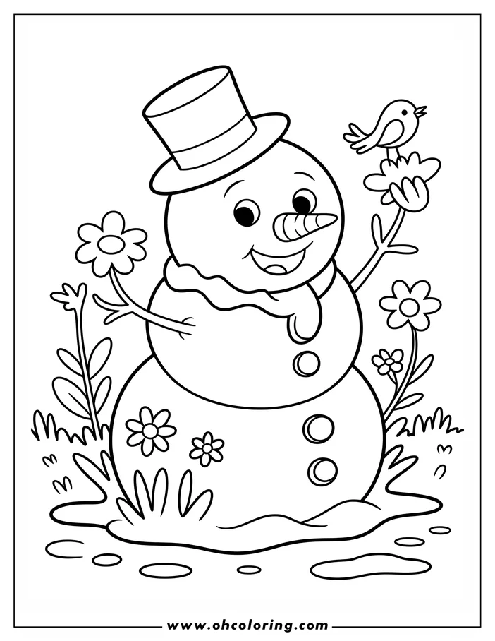 Line art illustration of a snowman in the spring, with a top hat and carrot nose.  He holds a small flower for a bird to perch on. Small flowers sprout from the melting snow at the base of the snowman. This drawing is presented as a printable coloring page.