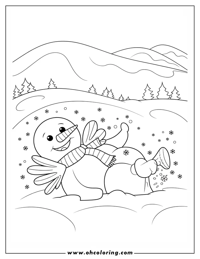 Line art of a snowman making a snow angel on a snowy hill. The snowman has a carrot nose, a striped scarf, and outstretched twig arms. Snowflakes fall around it, creating a winter coloring page design.