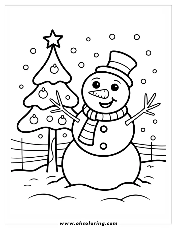 Line art of a snowman near a Christmas tree. The snowman wears a top hat and striped scarf, has a carrot nose and simple twig arms, and stands in the snow with a decorated Christmas tree behind it. It is a coloring sheet design.