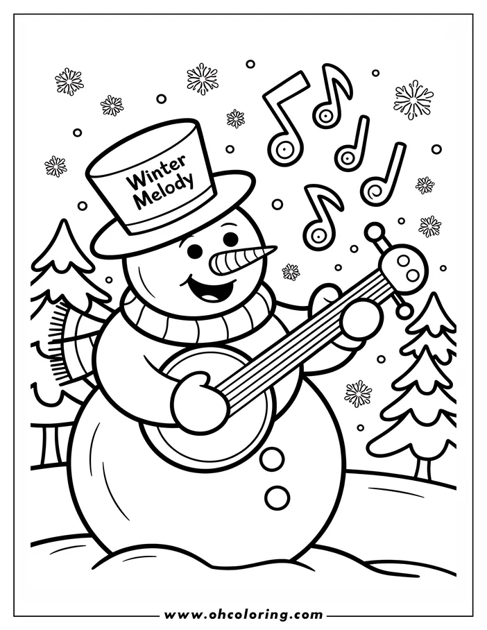Line art of a snowman playing a banjo in a snowy landscape. He wears a hat that says "Winter Melody" and a striped scarf. Musical notes float around him, and two evergreen trees frame the scene, creating a festive winter coloring page design.