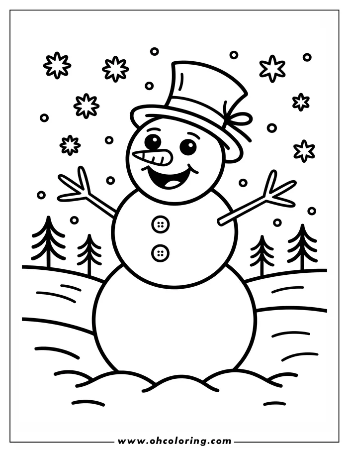 Simple, line art drawing of a snowman wearing a top hat, standing in a snowy field with two pine trees in the background, designed as a coloring page.