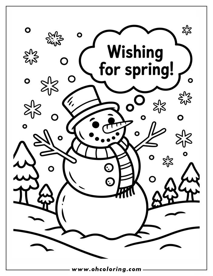 Line art of a snowman wishing for spring. The snowman wears a top hat and striped scarf, stands in a snowy field with evergreen trees, and has a thought bubble saying "Wishing for spring!"