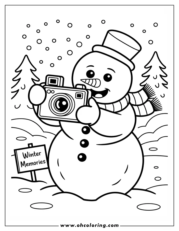 Line art of a snowman holding a camera, wearing a top hat and scarf, with a "Winter Memories" sign and snowy background, ready for coloring.