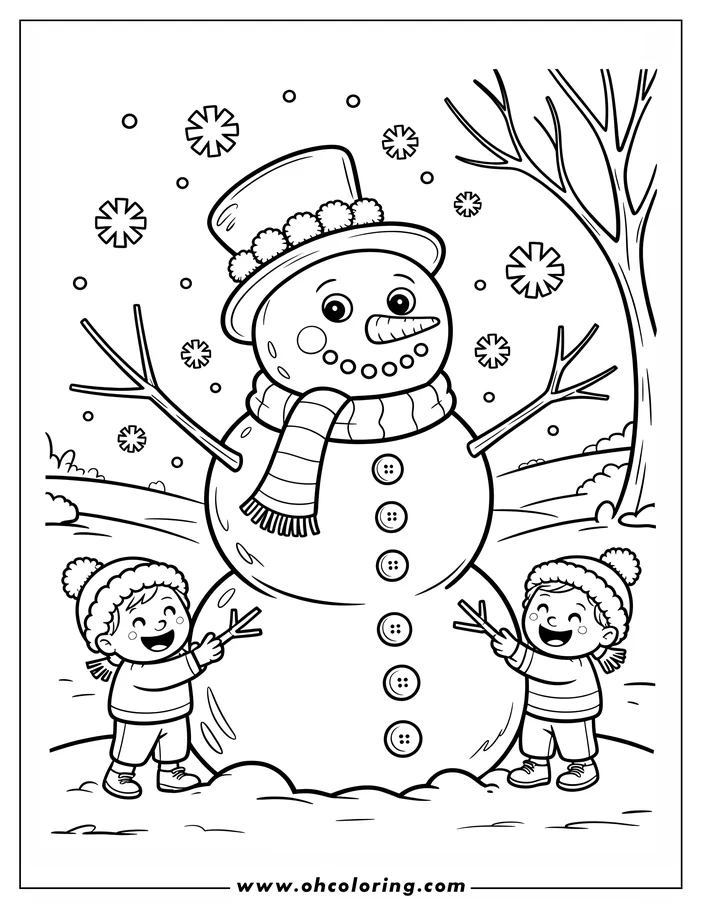 Line art of a snowman with two children. The snowman wears a hat and scarf, and the children are dressed in winter clothes. They are standing in the snow with snowflakes falling around them.  A bare tree and snowy ground are visible in the background. This is a drawing ready for coloring.