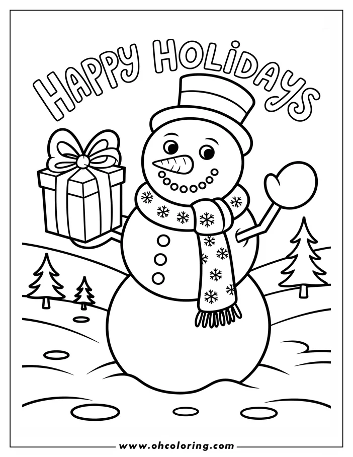 Line art of a snowman holding a gift. The snowman wears a top hat and a scarf with snowflakes, and stands in a snowy landscape with two pine trees. This is a coloring sheet design.