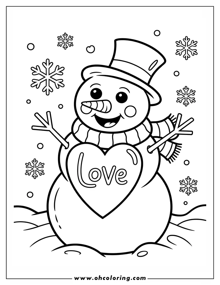 Line art of a snowman wearing a top hat and scarf, holding a heart that says "Love." Snowflakes fall around him in this winter-themed coloring page design.