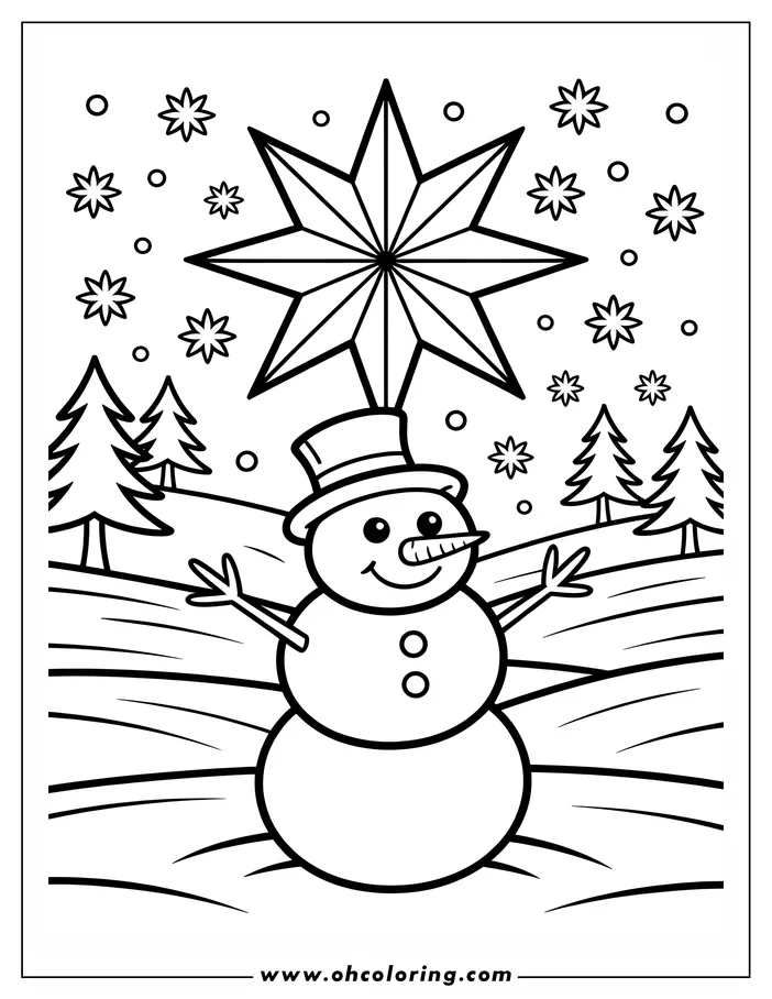 Simple line art of a snowman wearing a top hat and standing beneath a large star, designed as a coloring sheet. The snowy landscape includes two evergreen trees and falling snowflakes. Perfect for winter holiday coloring.