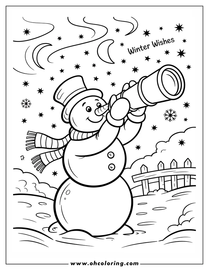 Line art of a snowman using a telescope, with stars, a crescent moon, and a fence in the background. It's a coloring sheet design, perfect for a winter activity.