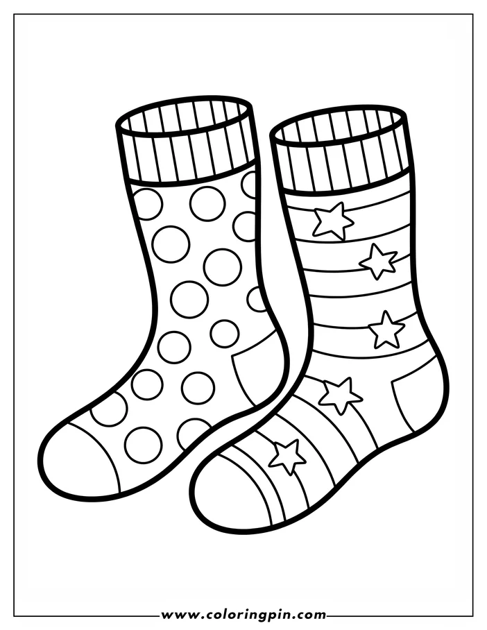Outline of a pair of socks, one with polka dots and the other with stripes and stars.