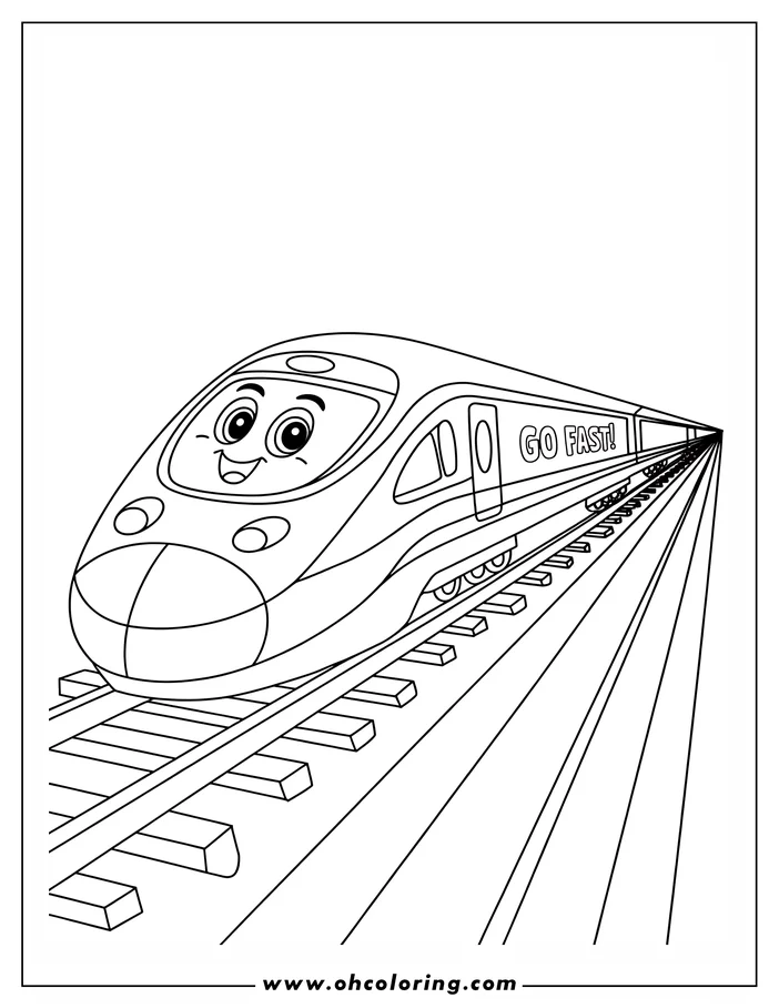 Line art of a friendly cartoon train traveling quickly on a railway track