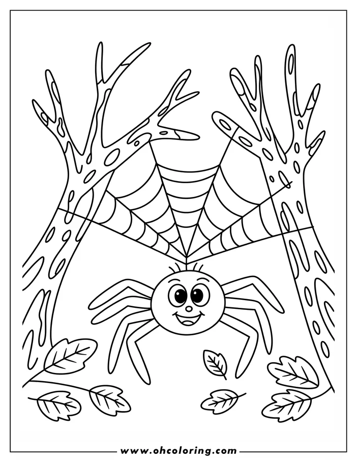 A cartoon spider hangs from its web between two tree branches with leaves falling to the ground.