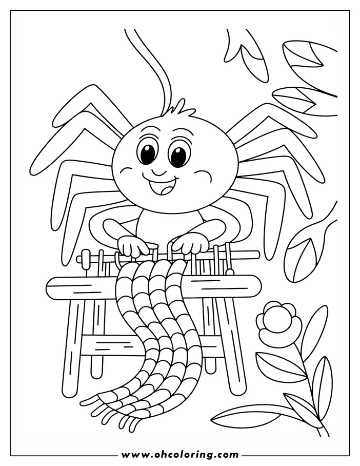 Line art of a spider making a Halloween garland on a small loom with a flower to the side.
