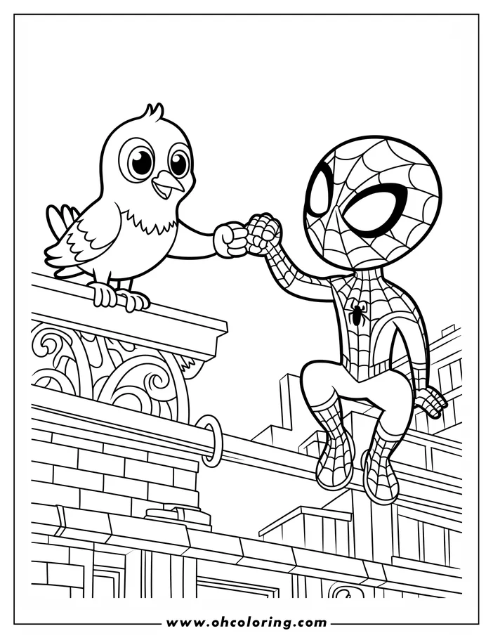 Spider-Man fist bumps a bird on a rooftop with city buildings in the background.
