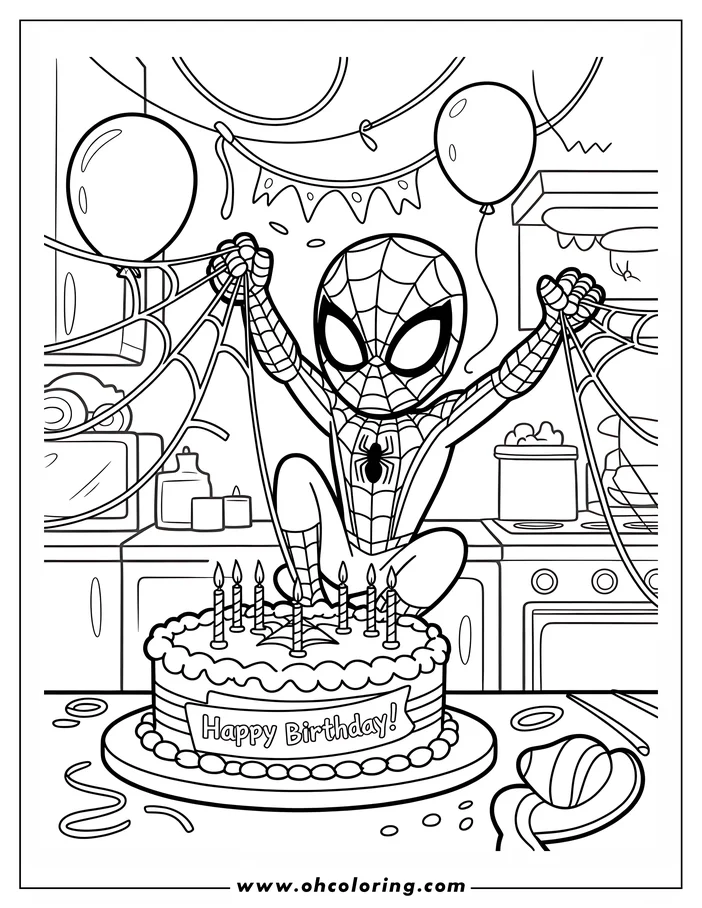 Line art of Spider-Man at a birthday party, standing on a cake and shooting webs, with balloons and decorations in the background.
