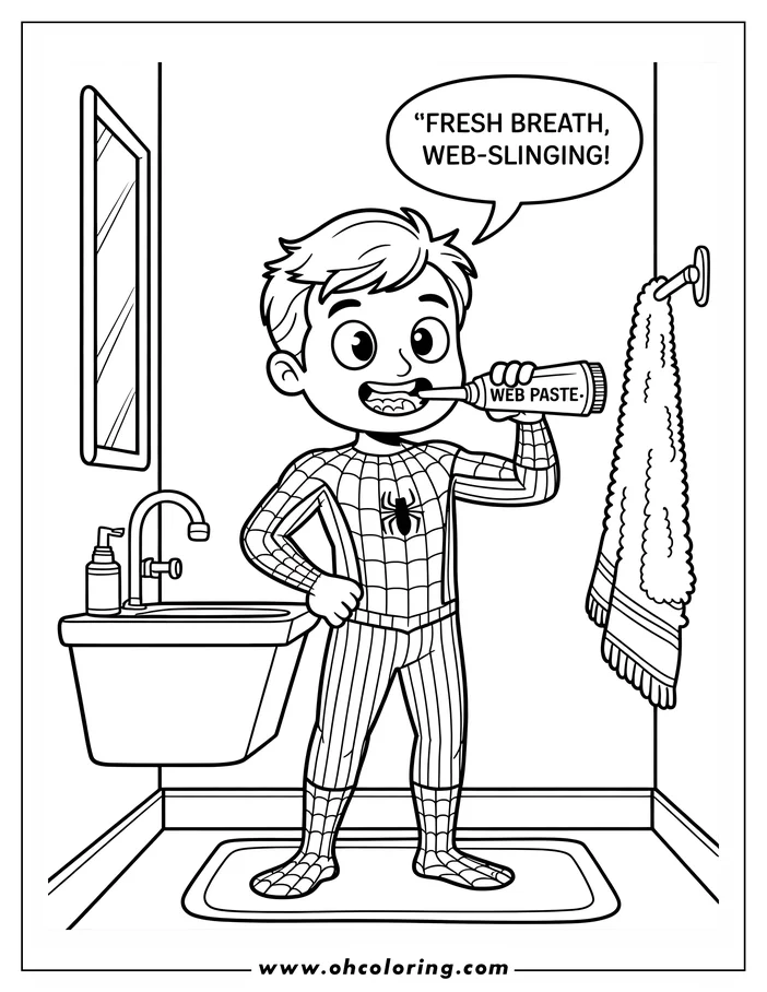 Line art of Spider-Man brushing his teeth in a bathroom. He is wearing his superhero suit and holding a tube of toothpaste labeled "Web Paste".