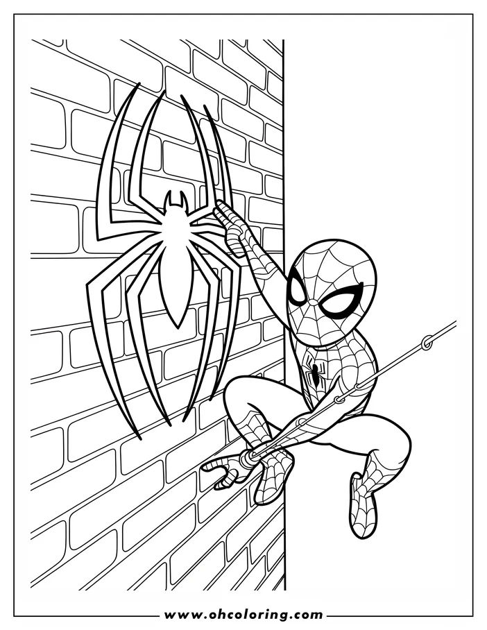 Line art of Spider-Man scaling a brick wall, his spider logo prominently displayed on his chest. A large spider symbol adorns the wall behind him.