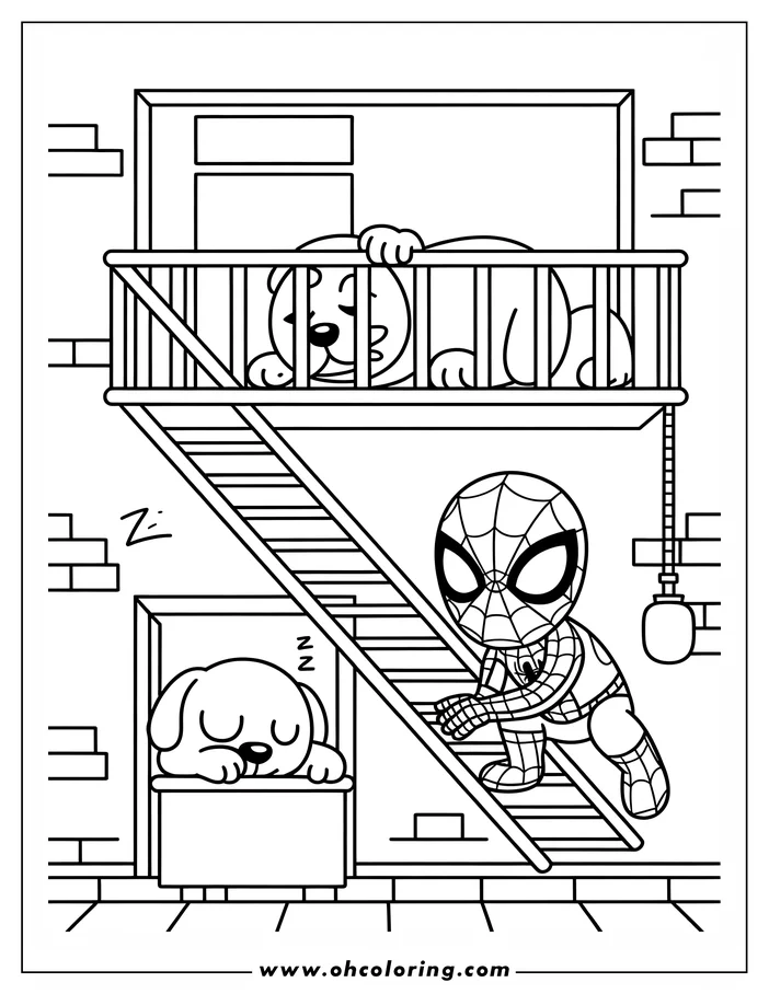 Spider-Man climbs the stairs of a building with dogs sleeping nearby.