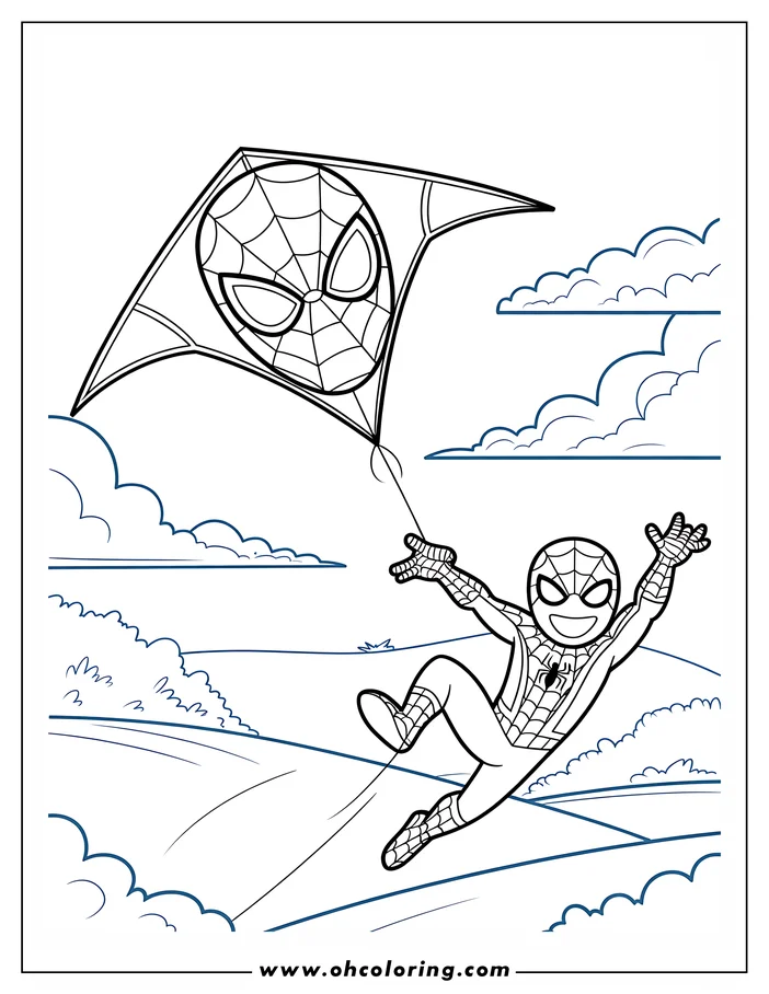 Line art of Spider-Man flying a kite shaped like his mask, soaring over a simple landscape with clouds.