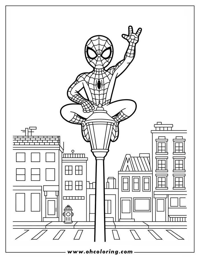 Spider-Man perched on a lamppost, waving against a cityscape backdrop.