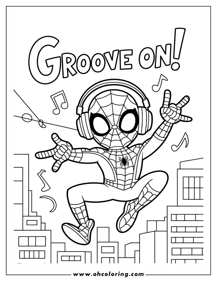 Line art of Spider-Man listening to music with headphones, floating above a cityscape.