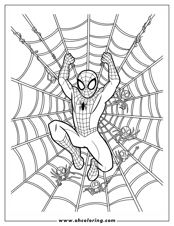 Spider-Man hangs upside down from his web with small spiders around him.