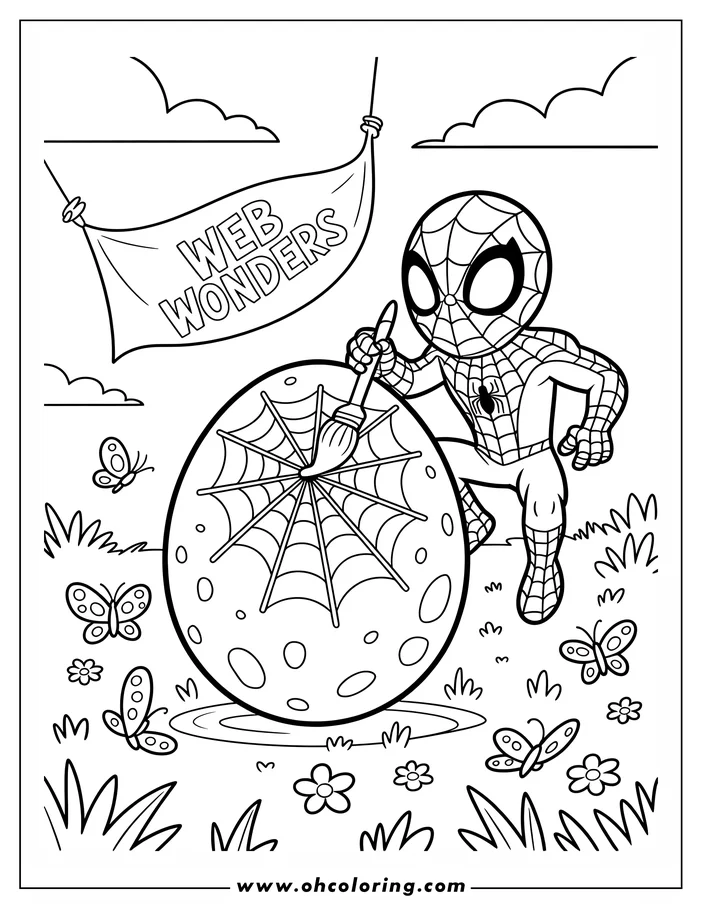 Line art of Spider-Man painting a spider web on an egg. Butterflies and flowers are visible in the background.