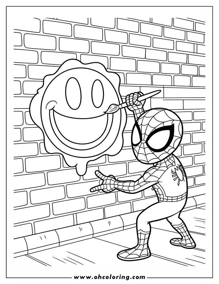 Spider-Man painting a large smiley face on a brick wall.