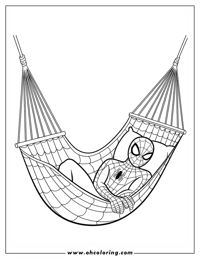 Line art of Spider-Man relaxing in a hammock.