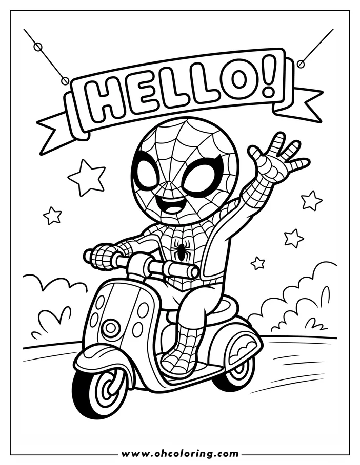 Spider-Man waves while riding a scooter. He's wearing his signature suit and looks ready for action.