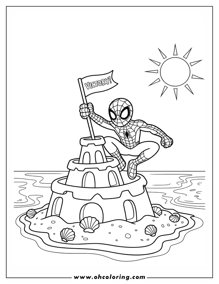 Spider-Man sits on a sandcastle holding a "Victory!" flag at the beach.