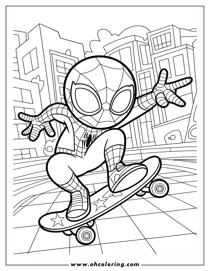 Outline of Spider-Man skateboarding in a city setting.