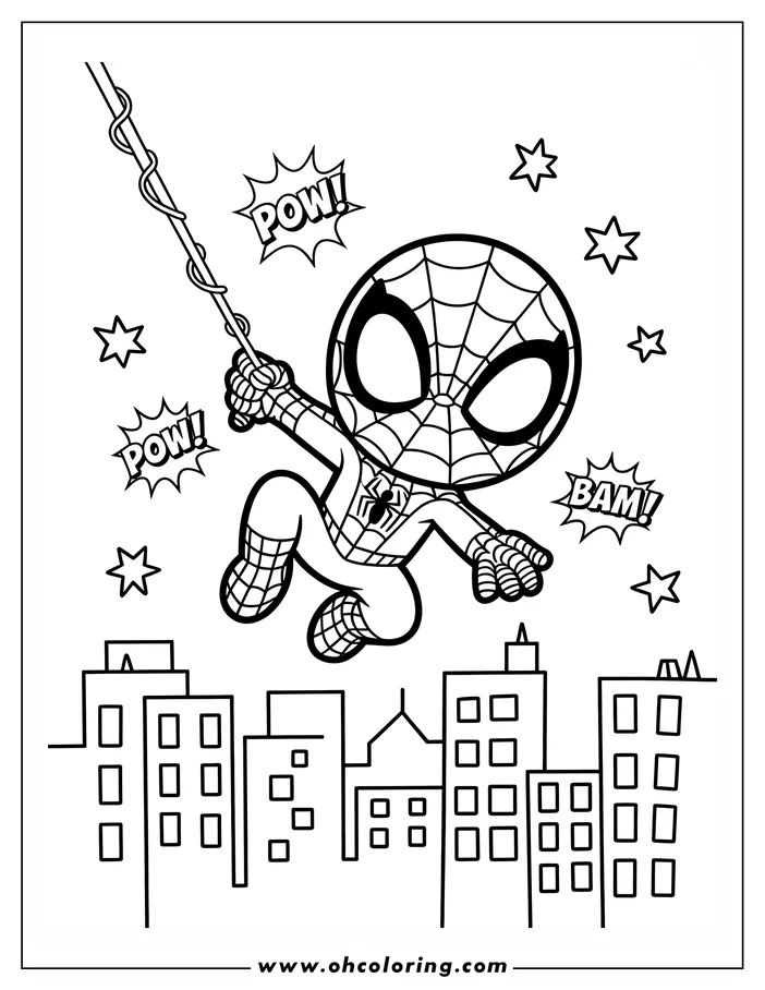 Spider-Man swinging on a web above a cityscape.