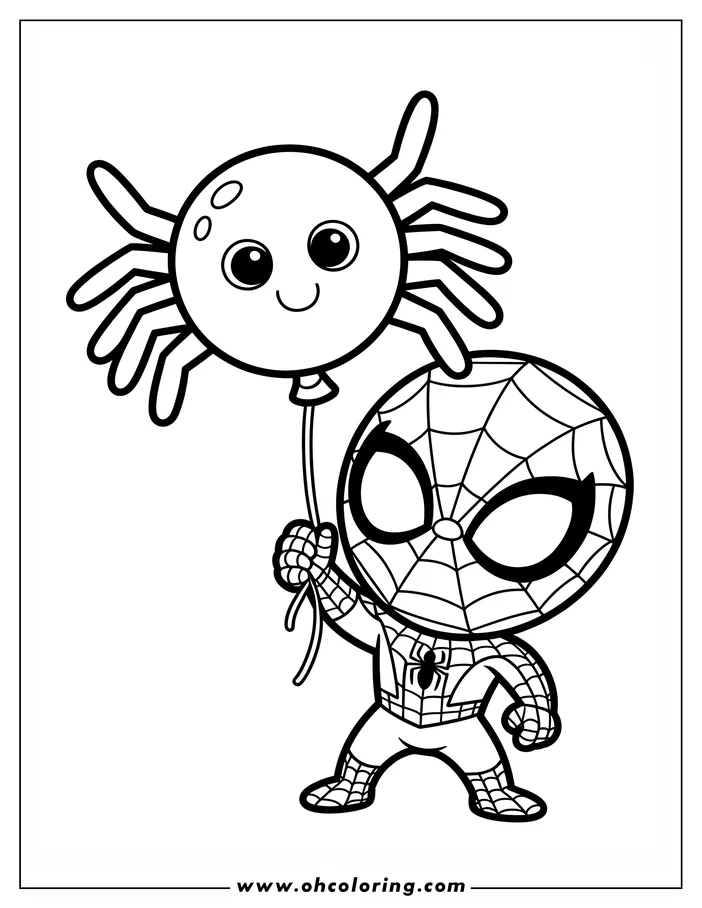 Line art of chibi Spider-Man holding a spider balloon.