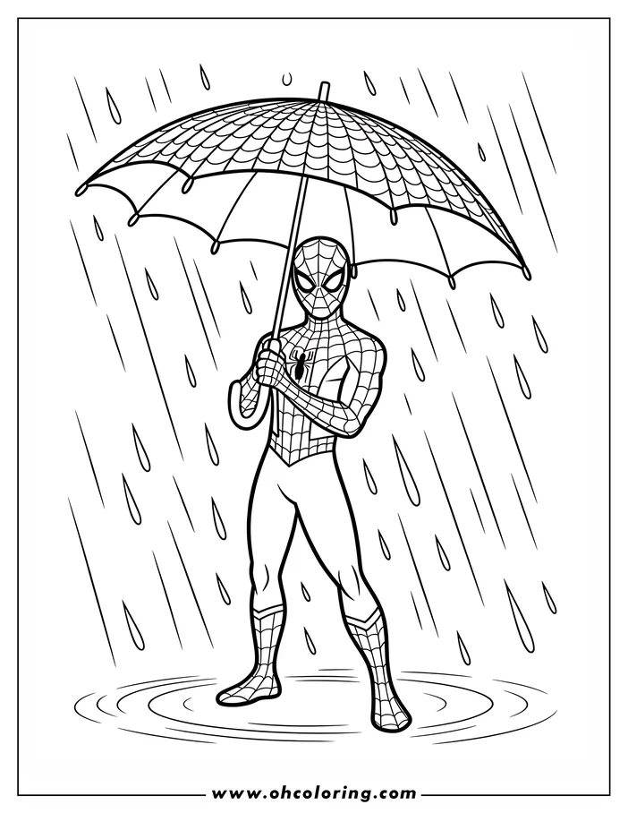 Line art of Spider-Man holding an umbrella in the rain with puddles forming around his feet.