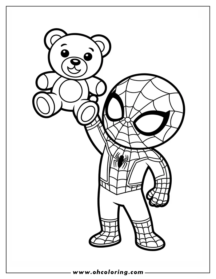 Line art of Spider-Man holding a teddy bear