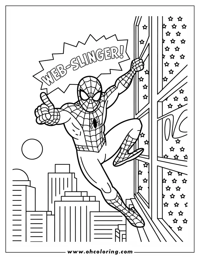 Spider-Man hanging from a building with city in background.