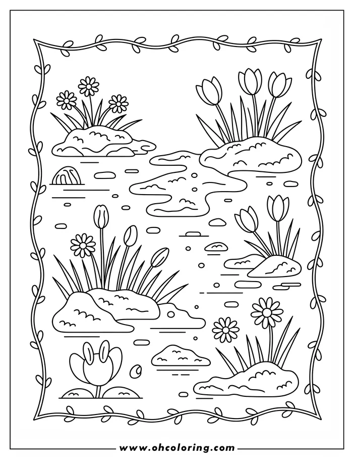 Line art depicting a spring scene with tulips, daisies, and other plants growing in small patches of ground. Small pebbles and rocks are scattered around, and a decorative leafy border surrounds the coloring sheet design.