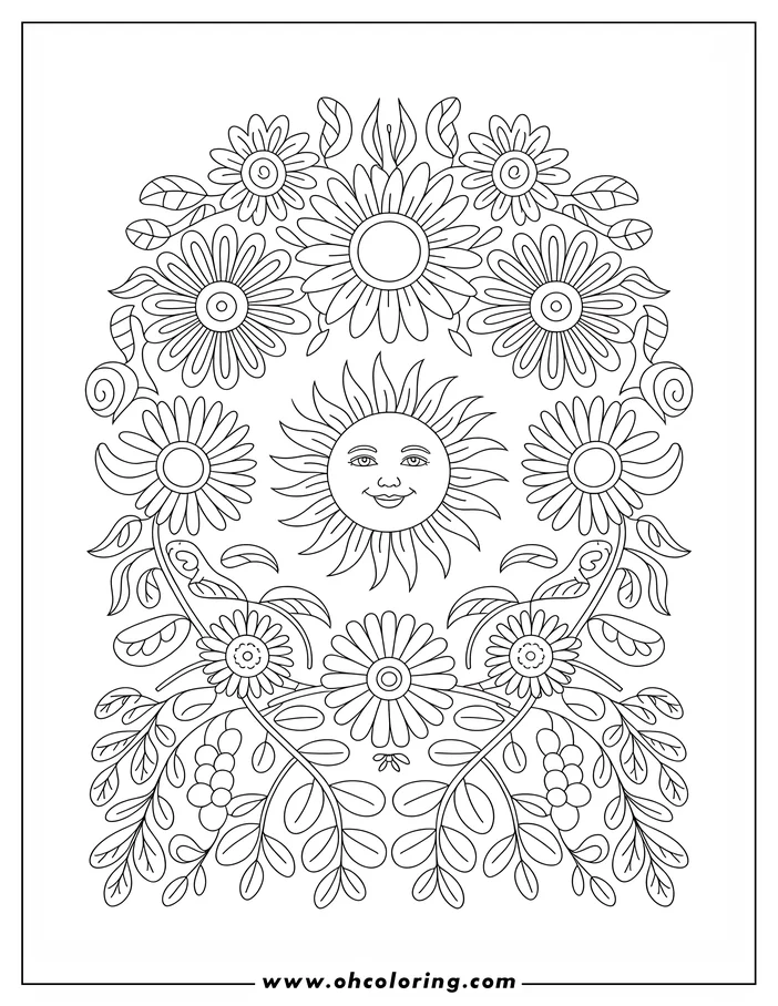 Line art depicting a spring scene with a smiling sun at the center, encircled by various flowers and leaves, suitable for a coloring page.