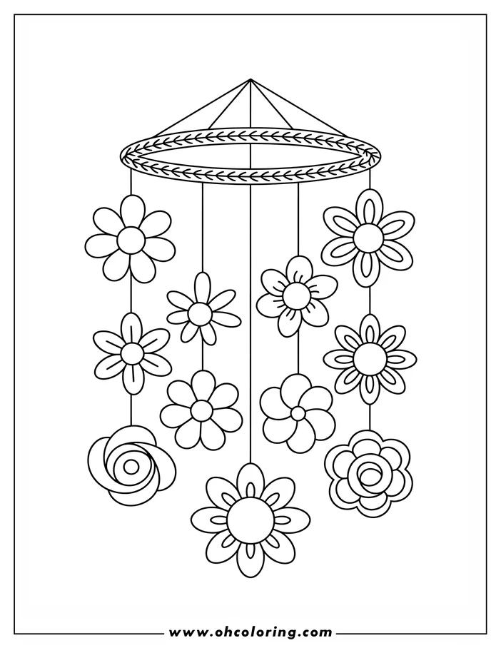 Line art of a baby's mobile with hanging spring flowers. The mobile has a circular frame decorated with a simple leaf pattern, from which daisies and roses hang. A coloring sheet design.