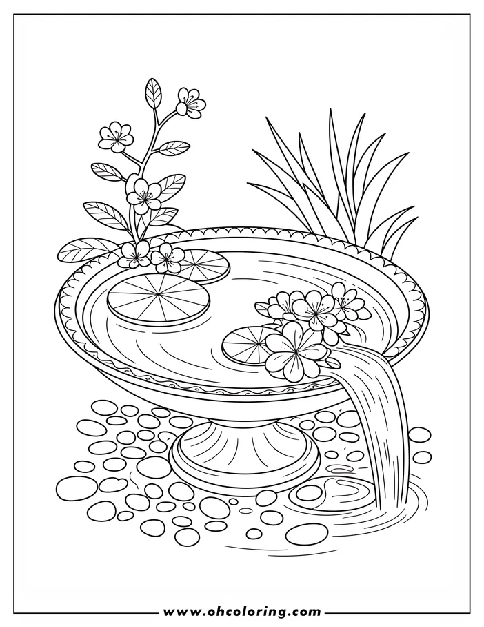 Line art of a spring fountain coloring page, featuring a decorative pedestal basin overflowing with water, water lilies, and sprigs of flowers around the base and edge, ready for coloring.