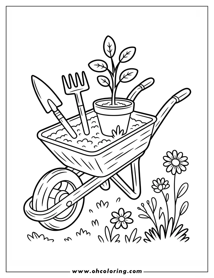 Line art of a spring gardening scene with a seedling in a pot, a trowel, and a rake inside a wheelbarrow. Daisies and grass are in the foreground, creating a simple and inviting coloring page design.