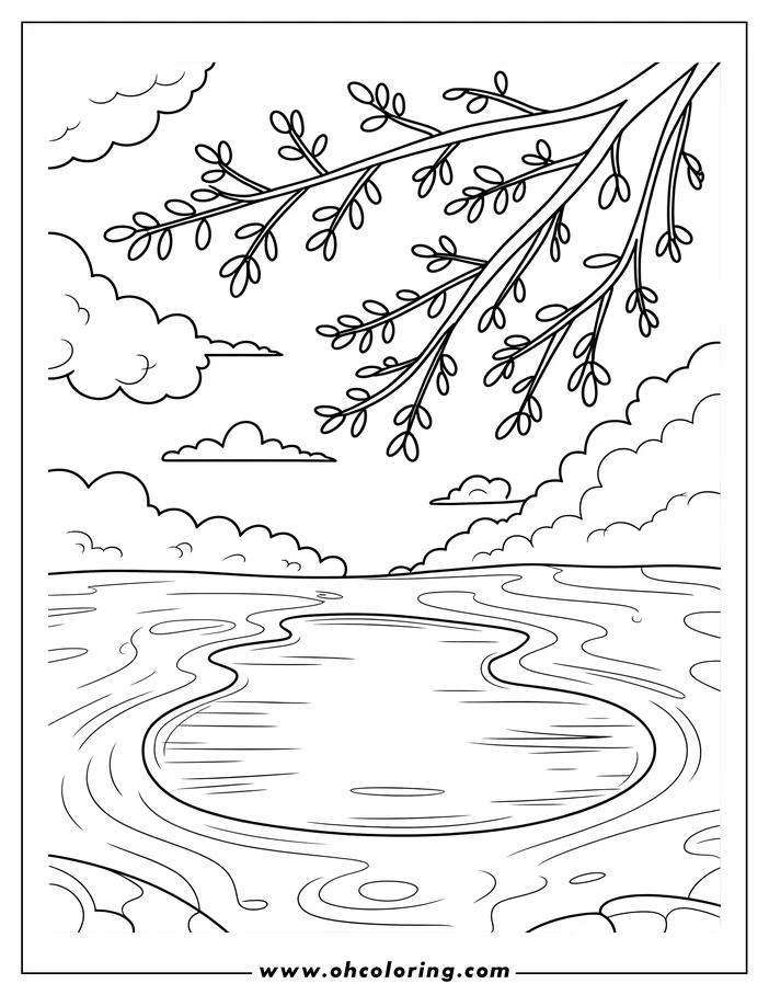 Line art of a spring landscape coloring page. A tree branch with young leaves overhangs a calm body of water.  Fluffy clouds dot the sky, creating a peaceful and serene scene.