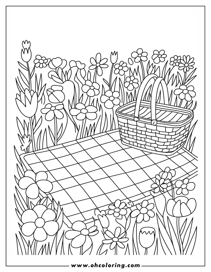 Line art depicting a spring picnic scene. A checkered blanket is laid out amongst flowers and grass, with a picnic basket resting on top. Various types of flowers, including tulips and daisies, surround the blanket. This coloring sheet design evokes a cheerful springtime atmosphere.